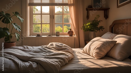 Wallpaper Mural Cozy bedroom with rumpled bed bathed in warm morning sunlight from window Torontodigital.ca