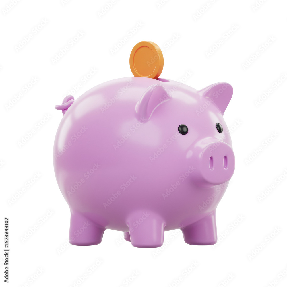 Obraz premium A pink piggy bank with a coin being inserted into the slot, isolated on a transparent background, png, cutout