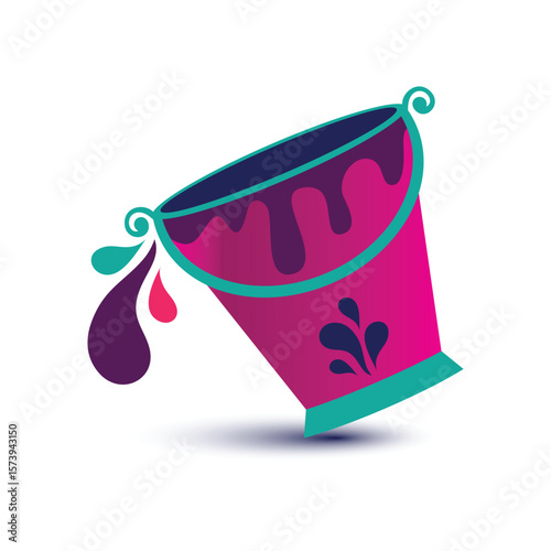 Tilted pink bucket with teal accents spills vibrant paint splashes in purple and red. A bold artistic scene symbolizing creativity, motion, and visual energy.
