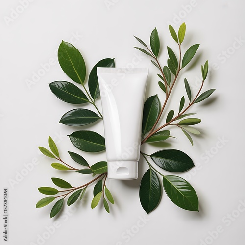 Wallpaper Mural White cosmetic tube surrounded by fresh green leaves and delicate branches on a white background Torontodigital.ca