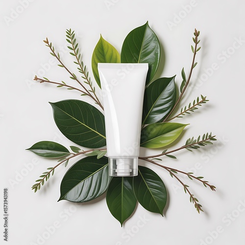 Wallpaper Mural White cosmetic tube surrounded by fresh green leaves and delicate branches on a white background Torontodigital.ca