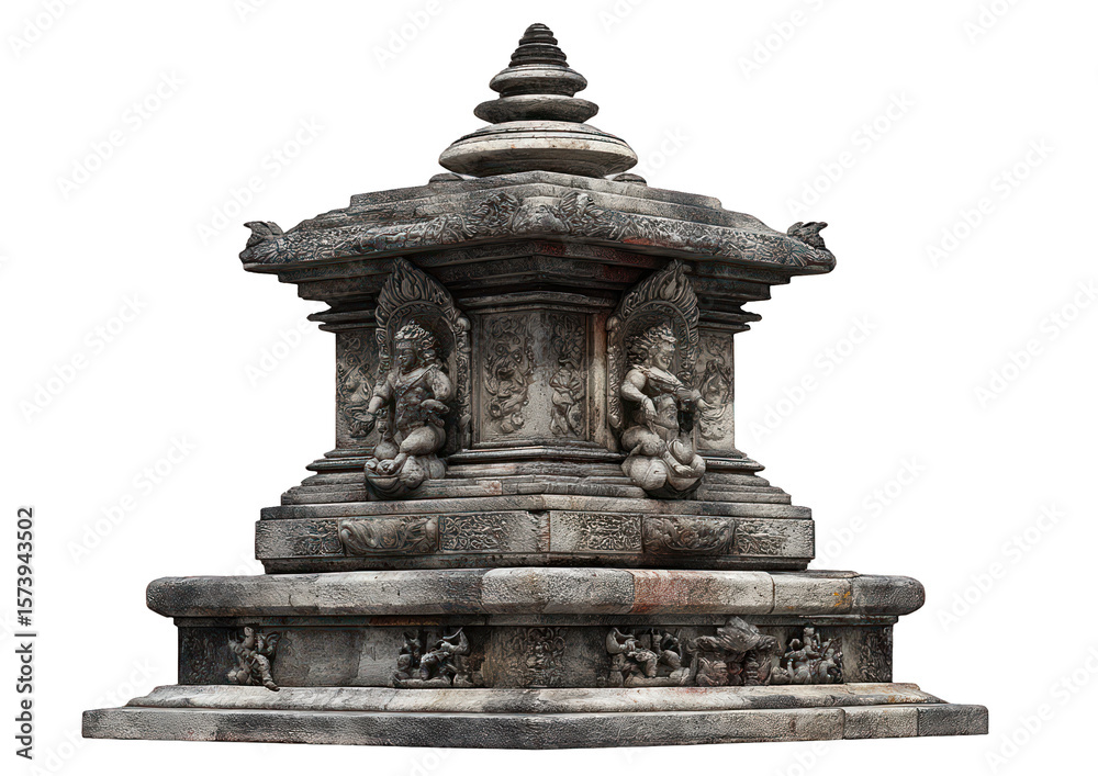 Fototapeta premium Ancient Stone Shrine with Intricate Carvings, Isolated on Black Background, Detail Shot