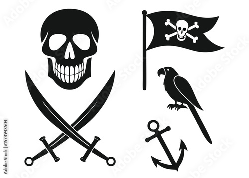 Black and white pirate symbols including skull and crossbones flag crossed swords and parrot isolated