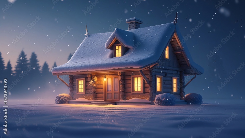 Fototapeta premium Cozy Snow Covered Log Cabin With Warm Lights winter house