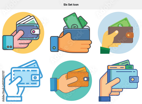 Six set icon Wallet icon set representing financial transactions and payment methods concept