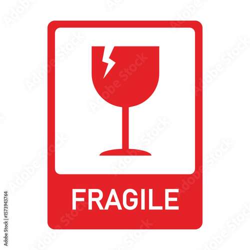 Red and white “FRAGILE” label featuring a broken wine glass icon—used to mark packages containing delicate items that require careful handling.