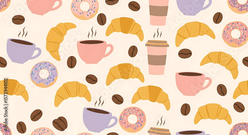 Wallpaper Mural Delightful Coffee and Pastry Seamless Pattern Coffee Shop, Bakery, Breakfast, Cafe, Dessert Torontodigital.ca