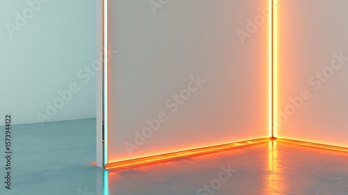 Illuminated corner of a room with orange led strips and glossy floor surface