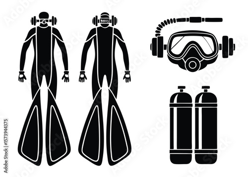 Black and white scuba diving equipment illustration showcasing divers and associated gear elements