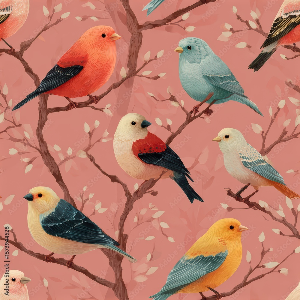 Fototapeta premium Colorful Birds on Branches with Soft Pink Background and Leaves