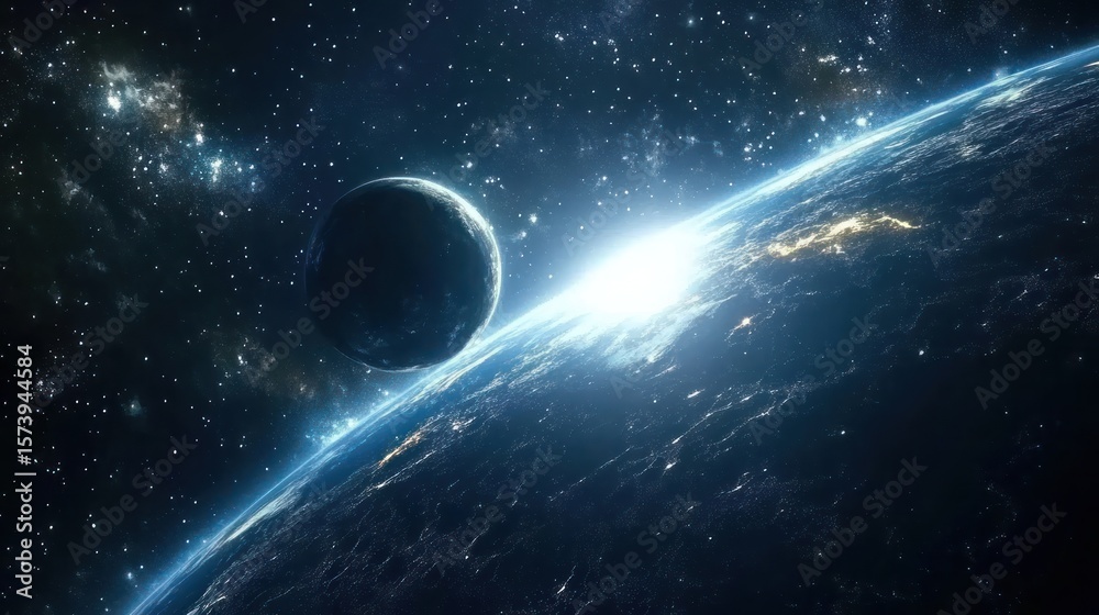 Obraz premium Earthrise, space, planet, sunrise, nebula, cosmos, exploration, travel, science fiction background