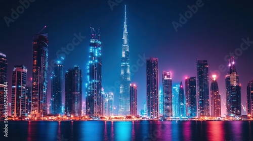 Night cityscape, Dubai skyline, neon lights, waterfront, construction