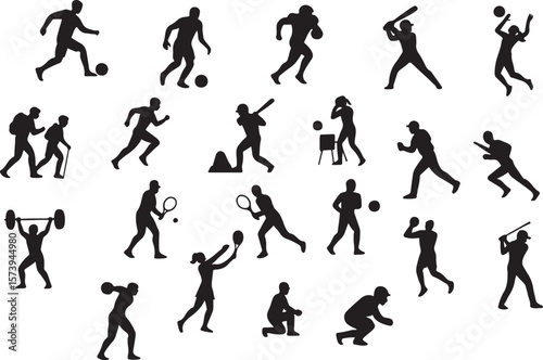 Athlete Sports Silhouette Vector Set – Football, Basketball, Cricket, Tennis & Dynamic Motion Poses on White Background