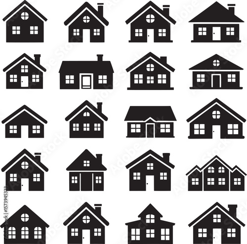House icon set: various vector home and building symbols illustrating urban architecture, real estate, and property designs with roofs, windows, and doors