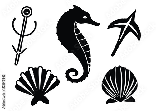 Black and white silhouette illustrations of marine life including seahorse starfish shell and anchor