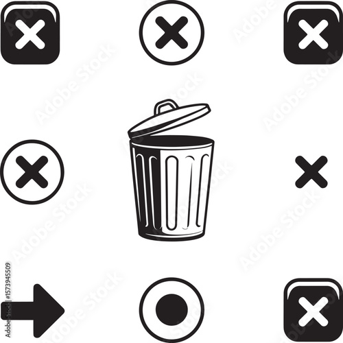 Recycle bin icon set with vector illustrations of isolated trash cans, 3D buttons, and metal waste containers