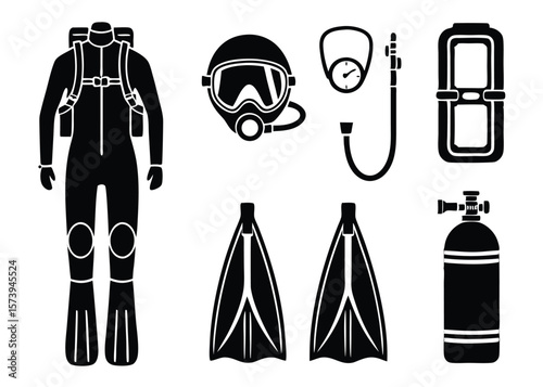 Black and white silhouette illustration of scuba diving equipment essential for underwater exploration