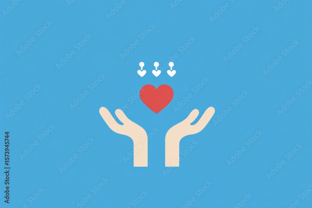 Obraz premium Hands holding heart: Symbolizing Love and care for People. The illustration shows hands holding a heart with figures above it against the cyan backdrop.