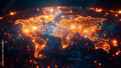 An eye-catching image of a world map lit up with radiant nodes, symbolizing worldwide connectivity, technological advancement, communication networks, and the flow of information in our digital era