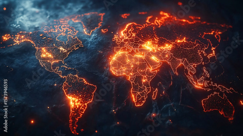 An eye-catching image of a world map lit up with radiant nodes, symbolizing worldwide connectivity, technological advancement, communication networks, and the flow of information in our digital era