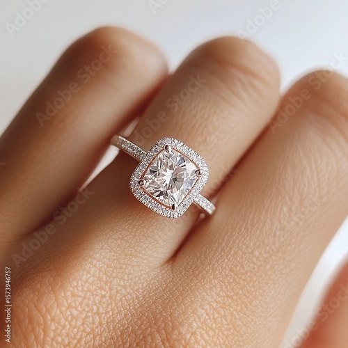 A sparkling cushion-cut diamond ring is displayed on a woman's hand, featuring a halo of smaller diamonds for added brilliance and elegance.