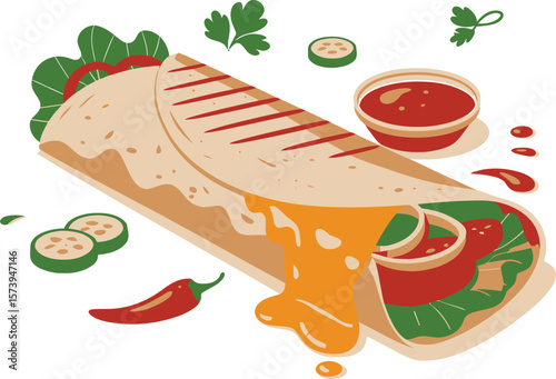 Chicken Shawarma with Sauce Splash creative isometric illustration with layered dimension and depth cues.