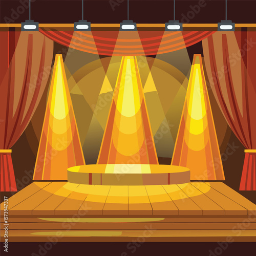 Illuminated stage with golden spotlights and red curtains
