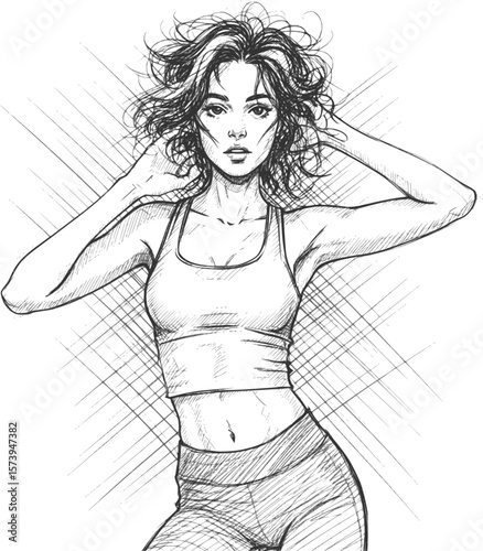 Athletic girl. Black and white line sketch portrait of a beautiful sports woman with messy hairstyle. Character design. EPS 10 version.