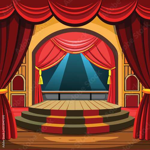 Ornate theater stage red velvet curtains vector