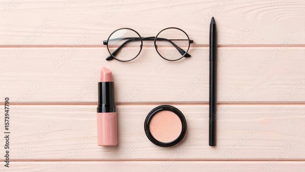 Flat lay of makeup products and eyeglasses on a pink wooden background Flat lay of makeup products and eyeglasses on a pink wooden background