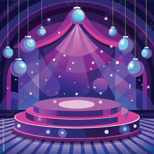 Purple stage with hanging lights and beams blue pink