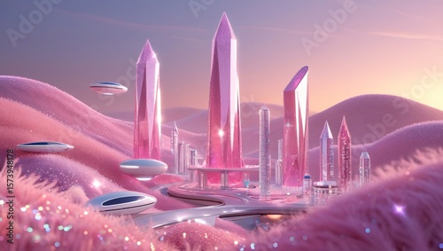 Futuristic pink crystal city with flying saucers skyscrapers