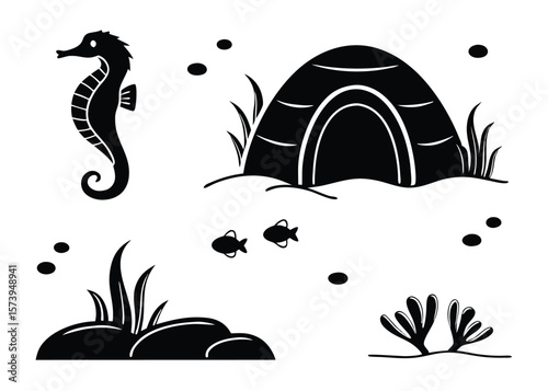 Black and white underwater world illustration featuring a seahorse, fish, and seaweed elements