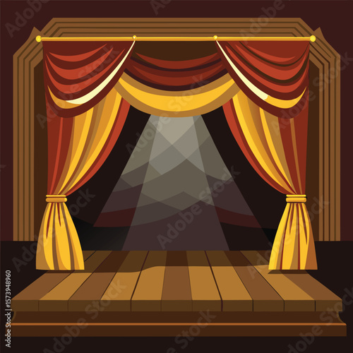Theatrical stage golden brown curtains spotlight performance