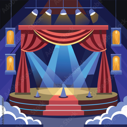Theatrical stage red curtains blue spotlights performance