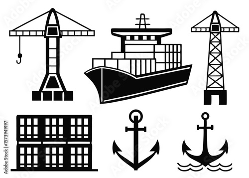 Black and white vector illustration of cargo ship crane anchors and shipping containers
