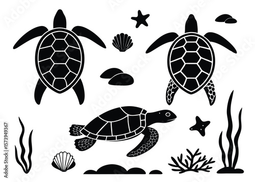 Black and white vector illustration of various sea turtles and marine elements isolated