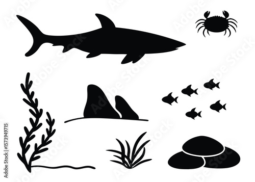 Black silhouette illustration of underwater marine life including shark crab fish and seaweed elements