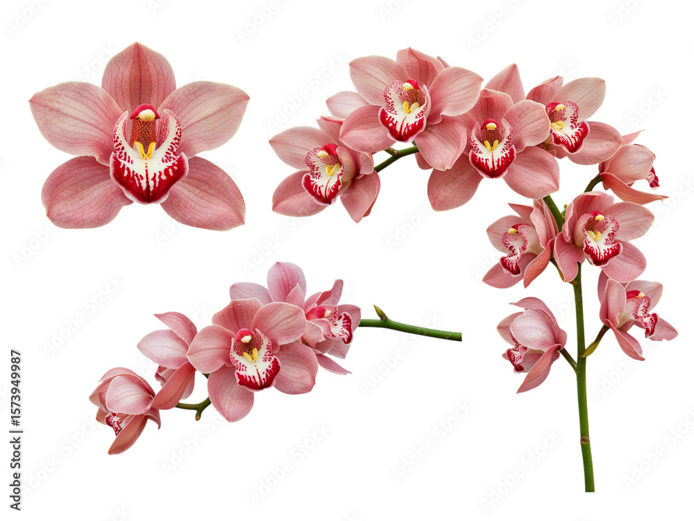 Fototapeta premium Collection of delicate pink orchids with detailed centers isolated on transparent background