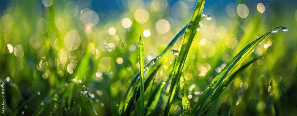Obraz premium The Dewy Grass Glimmering in Morning Light with Beautiful Bokeh Effects.