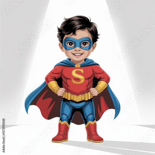 Little Superhero Child Standing Proud on White Background