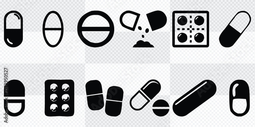 Pills and capsules icons set. Vector illustration. Pharmacy symbols and objects.