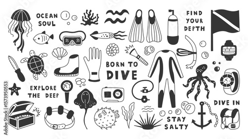Scuba Diving Doodle Set. Hand drawn underwater gear equipment, phrases, creatures, sea life elements, animals. Sketch Icons collection. Vector illustration