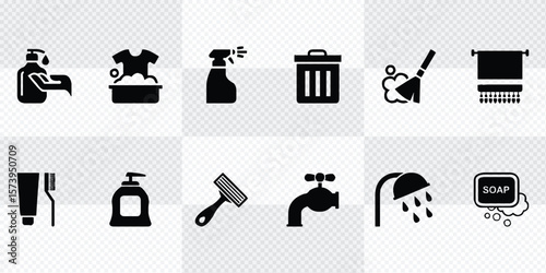 Hygiene icons. Outline icons about clean and disinfect
