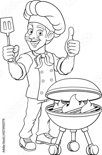 A chef cartoon barbecue cook out brazier cook man giving thumbs up and holding a BBQ spatula mascot character illustration