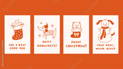 Christmas Doggy Poster Set with Quotes. Adorable Doodle Greeting cards collection with quirky phrases and puppies for pets holiday design. Vector illustration