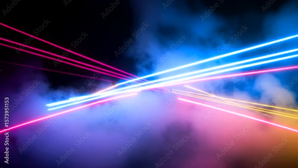 Colorful, bright neon lights intersect with dreamy, soft, fog