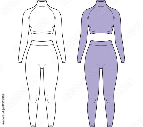 Women's Activewear Set Technical Fashion Flat Sketch, Long Sleeve Mock Neck Crop Top and High Waisted Leggings, Blank and Lavender Apparel Template.