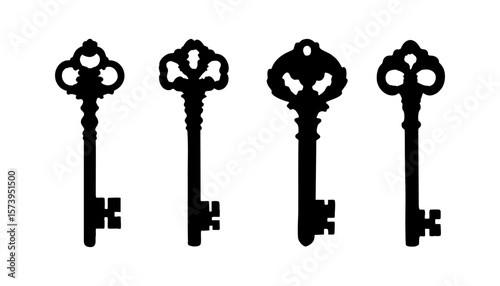 set of keys silhouettes, bronze antique vintage key, brass simple key 