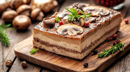 Rustic Mushroom Terrine, wooden board, autumnal setting, recipe photography